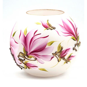 CLAUDETTE Handpainted Glass Vase | Painted Pink Flowers Art Glass Round Vase | Table Vase 6 inches
