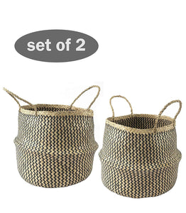 Large Belly Baskets with Handles (Set 2)| Woven Baskets for Laundry Storage & Home Supplies